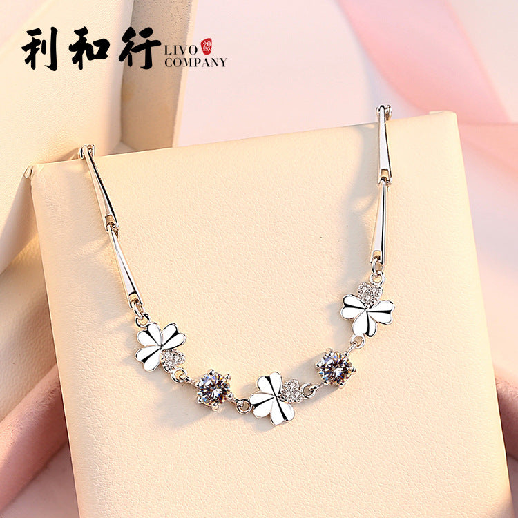 Factory Wholesale S925 Sterling Silver Bracelet Diamond-Embedded Fashion Bracelet Simple Lucky Clover Zircon Bracelet Silver Jewelry