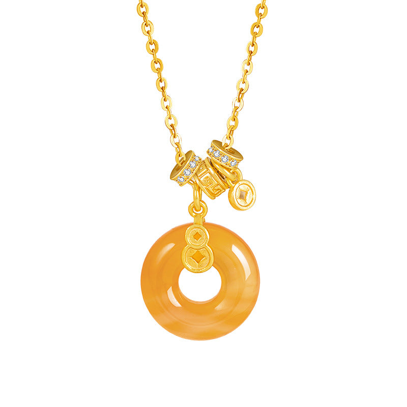 Fu Lu Double Full Sterling Silver 925 Necklace Women's Light Luxury Copper Coin Sugar Red Agate Clavicle Chain Ins Style Gourd Pendant