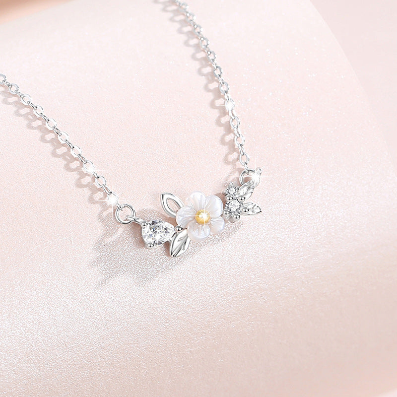 Cherry Blossom Sterling Silver 925 Necklace Women's Fashion All-Match Butterfly Zircon Clavicle Chain, INS Style Flower Pendant