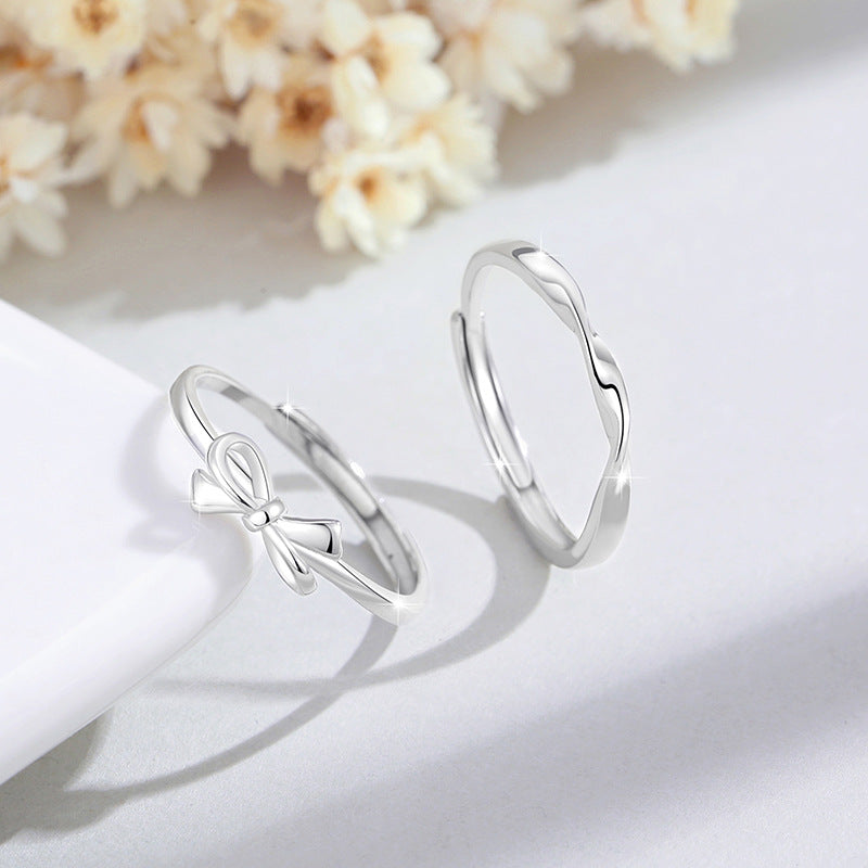 Mobius Pure Silver 999 Couple Ring Men's and Women's Simple Niche Open Ring Ins Style Bow Ring
