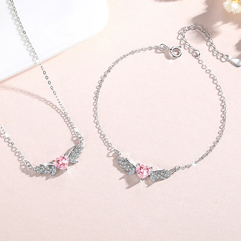 Angel Wings Sterling Silver 925 Bracelet Female Niche Design Light Luxury Zircon Clavicle Chain Valentine's Day Love Bracelet