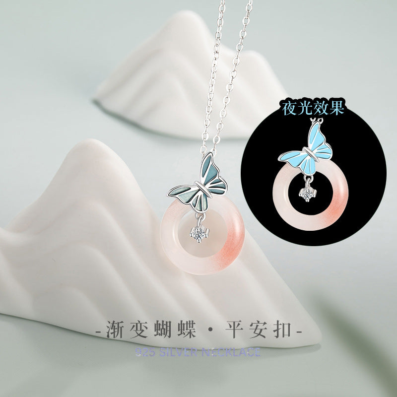 Butterfly Luminous Sterling Silver 925 Necklace Light Luxury High-Grade Salt Source Agate Clavicle Chain Ins Style Safety Buckle Pendant