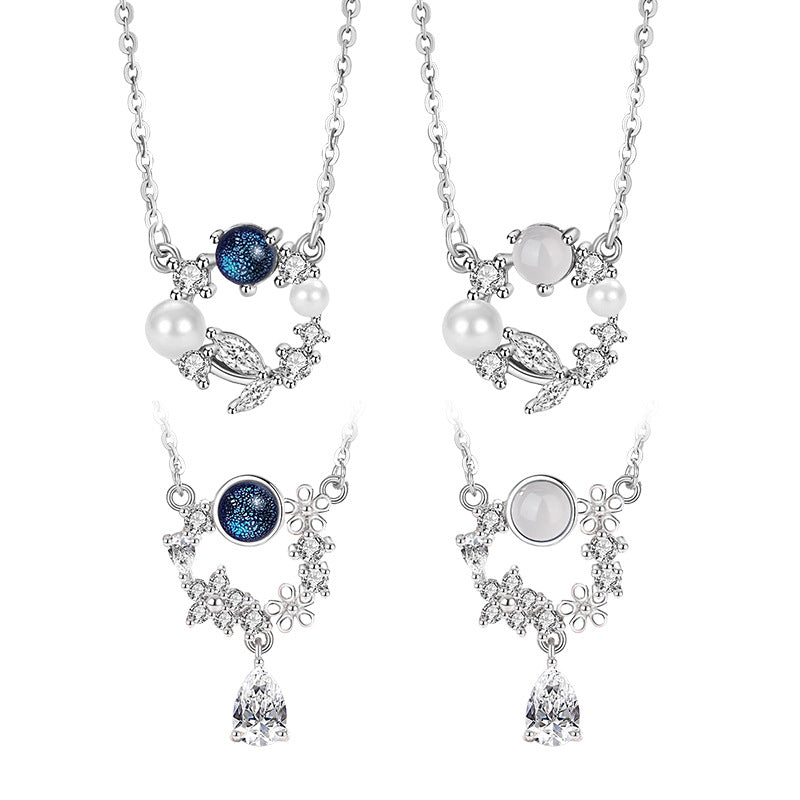 S925 Sterling Silver Necklace White Agate Starry Sky Stone Garland Niche Girl Style Clavicle Chain Jewelry Live Supply