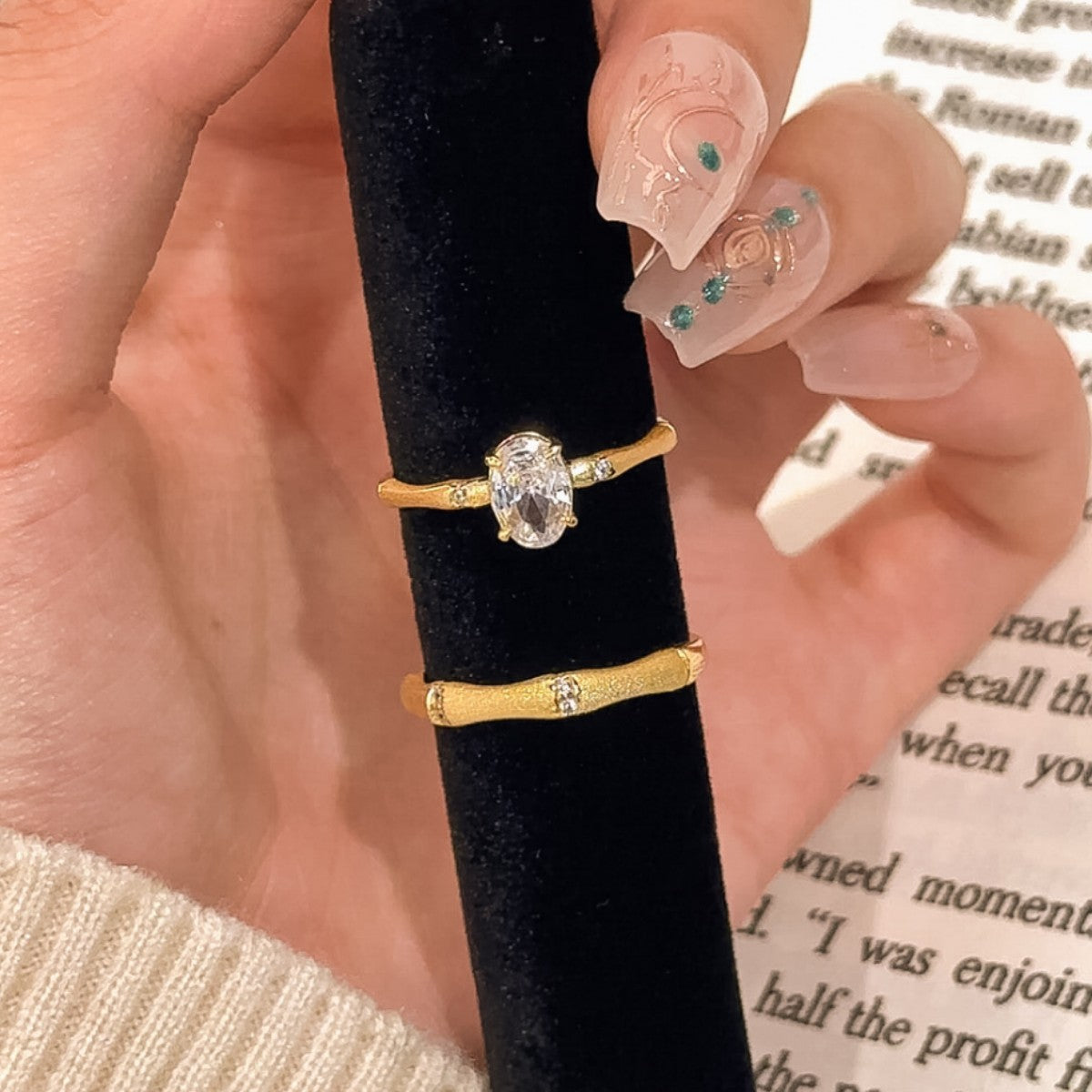 Anello in argento sterling 925 – bambù e ovale e zirconi