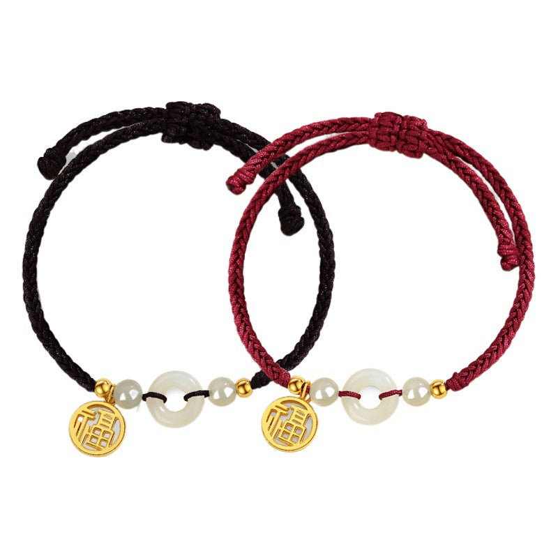 Peace Buckle Hetian Jade Sterling Silver 925 Couple Braided Rope Bracelet Men's and Women's Ins Style Lucky Bracelet