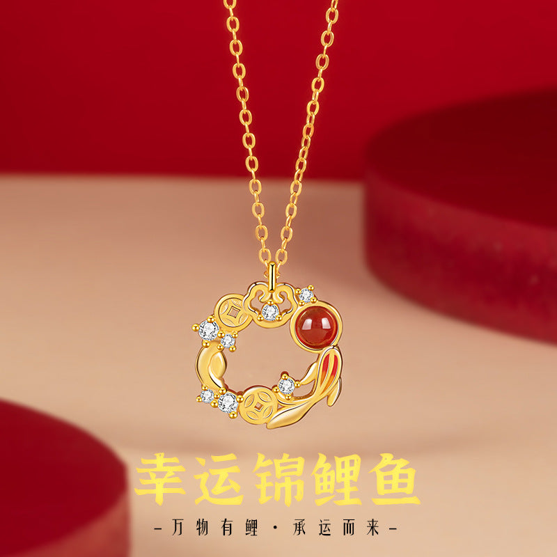 Lucky Koi Fish Sterling Silver 925 Necklace Female New Chinese Red Agate Copper Coin Ashore Clavicle Chain Ins Ruyi Pendant