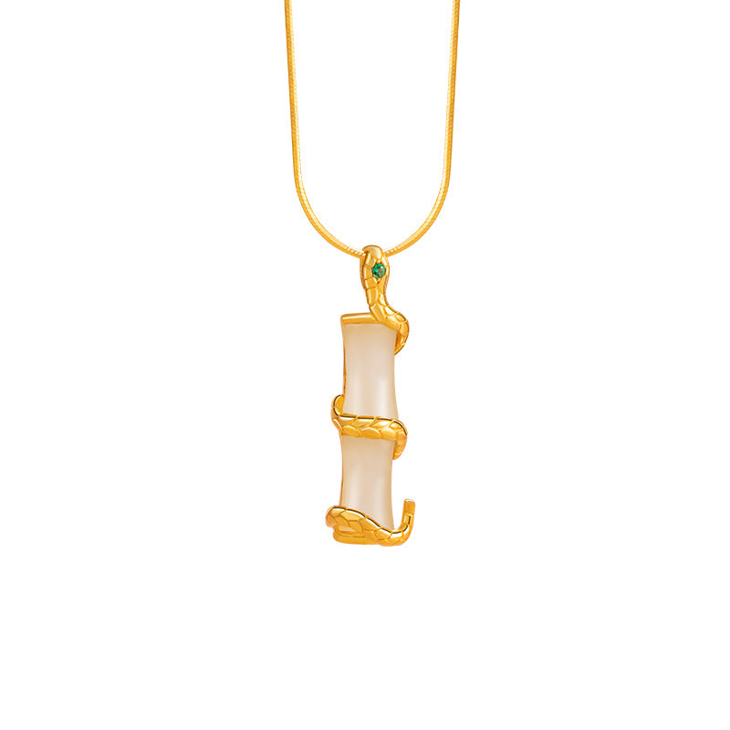 Lingsnake Sterling Silver 925 Hetian Jade Necklace New Chinese Style Bamboo Clavicle Chain Ins Light Luxury Style Zodiac Year Pendant