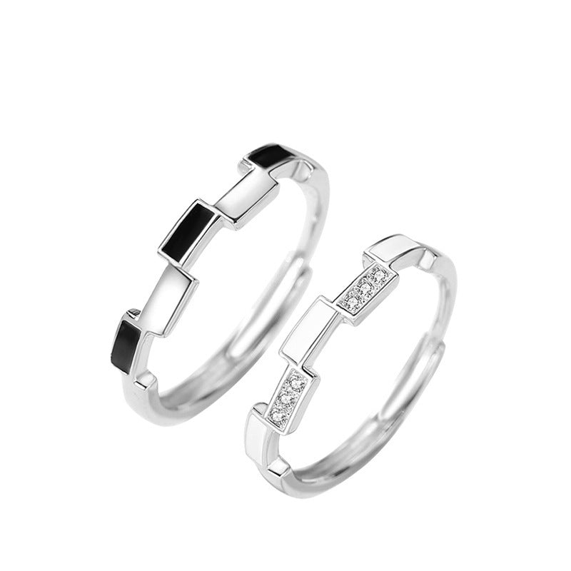 Black and White Plaid Sterling Silver 925 Couple Ring Female Male Fashion Versatile Zircon Plain Ring Ins Style Pattern Pair Ring