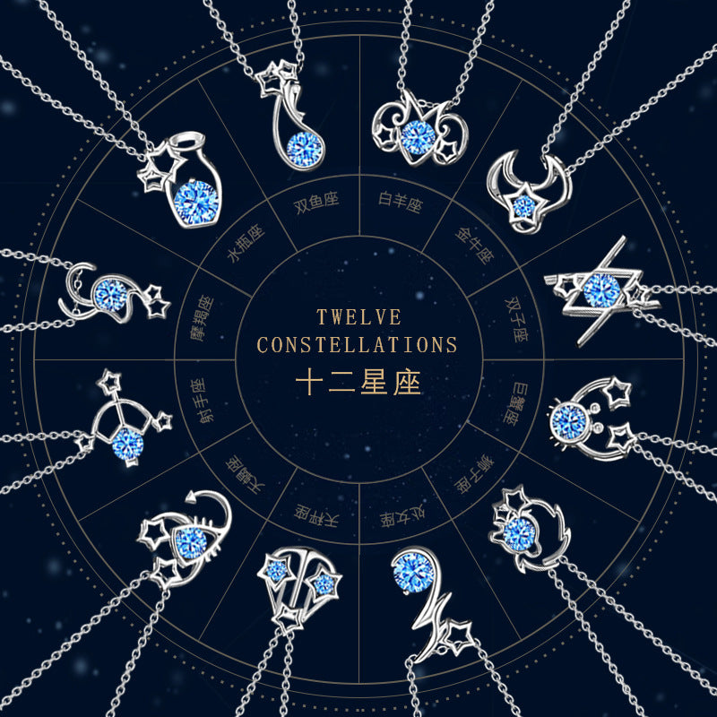 Original Twelve Constellation Sterling Silver 925 Necklace Female Niche Design Light Luxury Navy Blue Zirconium Clavicle Chain Star Pendant