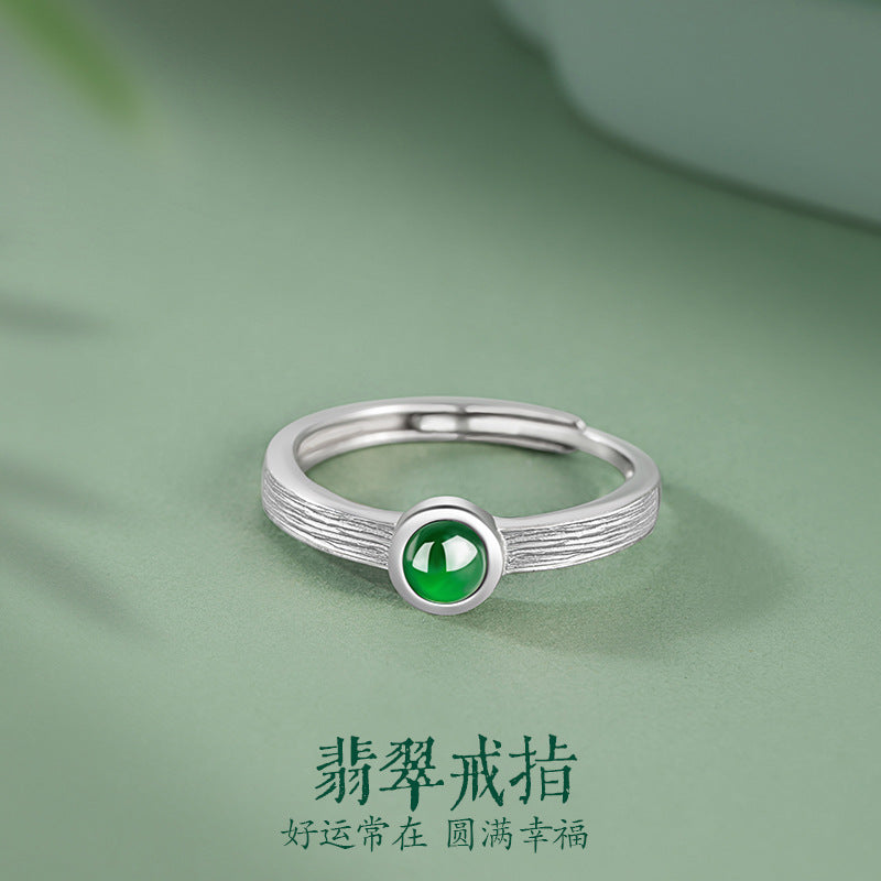 Natural Dangerous Jade Sterling Silver 925 Ring Female Niche Design Light Luxury Ring Ins High-Grade round Ring