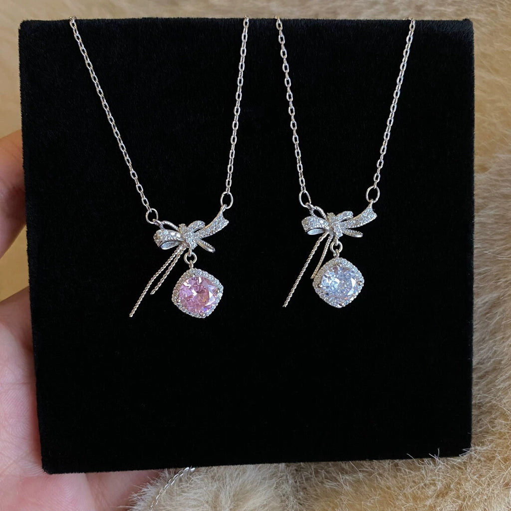 Bowknot Sterling Silver 925 Necklace Female Cute Sweet Style Zircon Clavicle Chain Ins Valentine's Day Cube Sugar Line Pendant