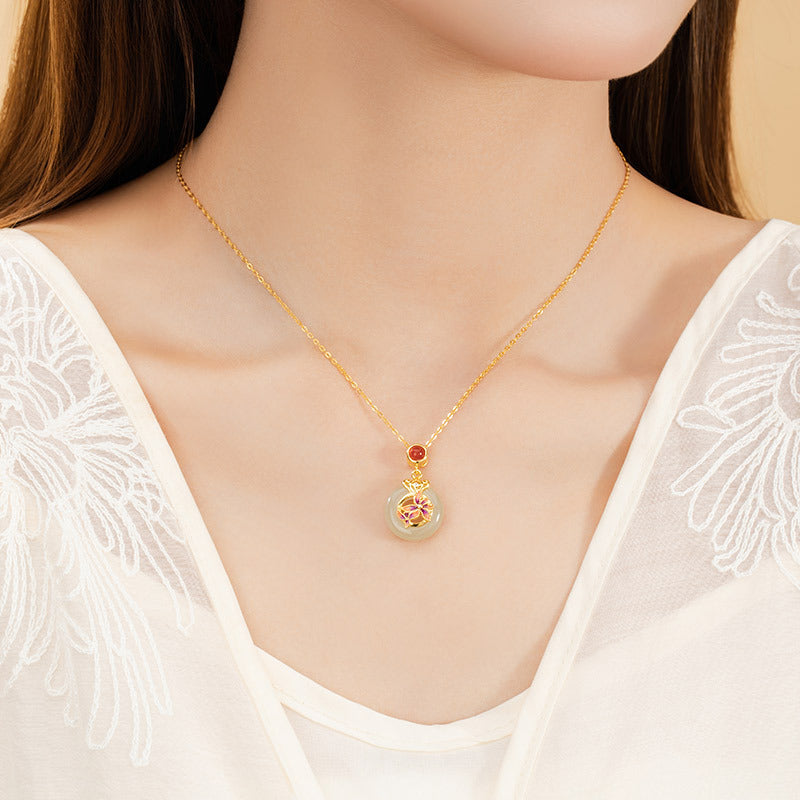 Four Seasons Flower God Sterling Silver 925 Hetian Jade Necklace Female New Chinese Rose Clavicle Chain Red Agate Plum Pendant