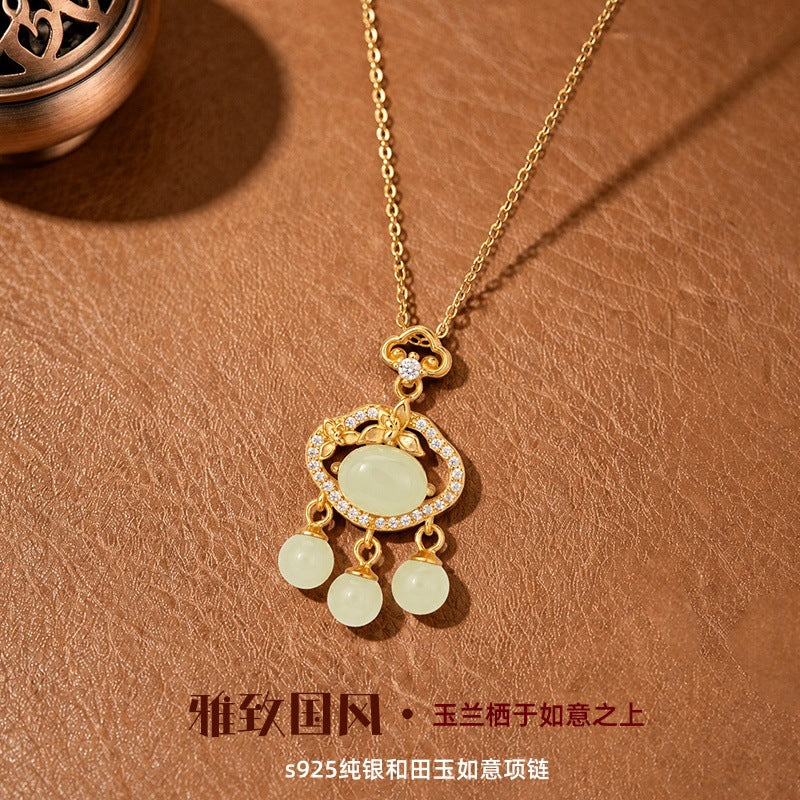 S925 Sterling Silver Hetian Jade Necklace New Chinese Tassel Auspicious Cloud Ruyi Lock Pearl Bracelet National Style Set Accessories