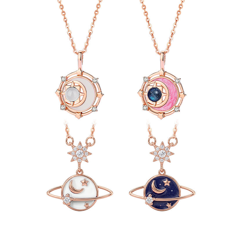 Star Moon S925 Sterling Silver Necklace Dripping Enamel Luminous Pendant Niche White Agate Clavicle Chain Gift for Women