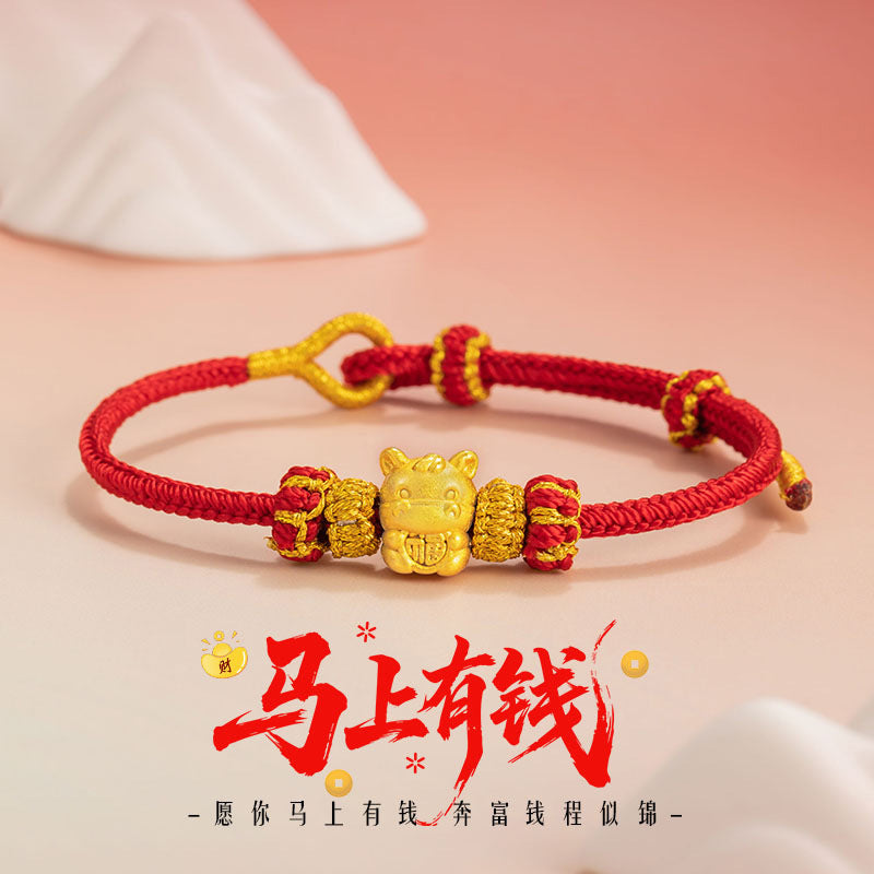Twelve Zodiac Pure Silver 999 Woven Red Bracelet Light Luxury High-Grade Sense Birth Year Bracelet Ins Style Horse Year Bracelet