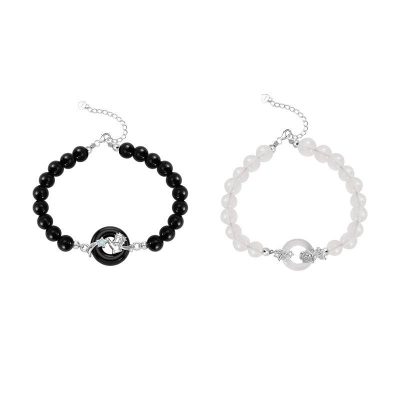 New Chinese Style S925 Sterling Silver Little Prince and Rose Couple Bracelet Natural Agate Safety Buckle High-Grade Bracelet