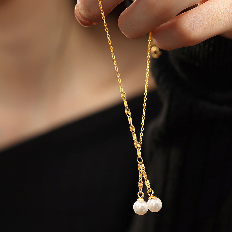 New S925 Sterling Silver Necklace Women's Light Luxury Beading Tassel Elegant Gentle Clavicle Chain Simple Commuter Pearl Pendant