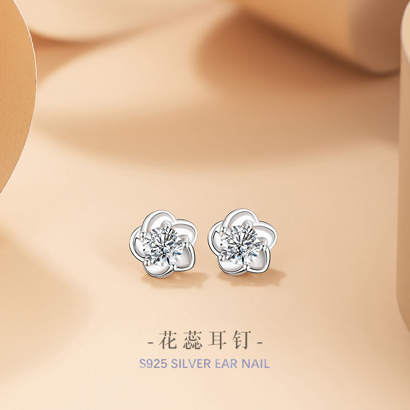 Cherry Blossom Sterling Silver 925 Stud Earrings Female Niche Design Light Luxury Flower Earrings Ins Style Small Peach Blossom Zircon Earrings