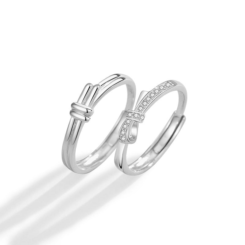 Original Double Knot Pure Silver 999 Couple Ring Men's and Women's Light Luxury High-Grade Zircon Ring Ins Bow Ring