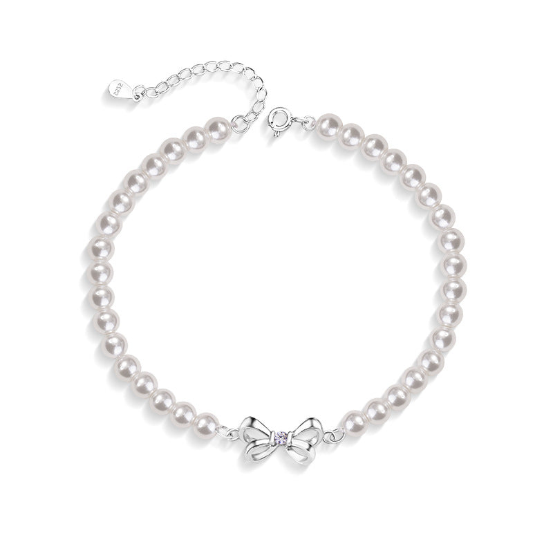 Bowknot Sterling Silver 925 Bracelet Female Niche Design Light Luxury Shijia Pearl Bracelet Ins Escape Princess Bracelet