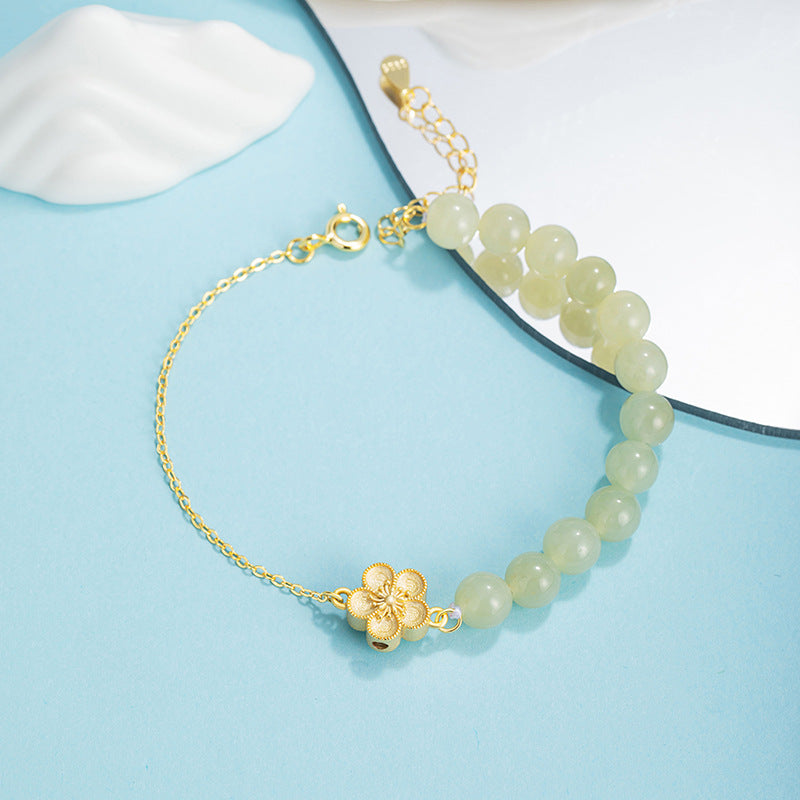 Peach Blossom Sterling Silver 925 Hetian Jade Bracelet Female New Chinese National Fashion Cherry Blossom Bracelet Ins Style Flower Bracelet