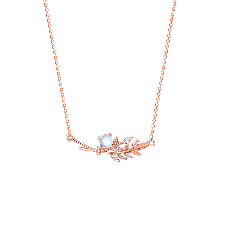Golden Branch Jade Leaf Sterling Silver 925 Necklace Women's Niche Design Light Luxury Clavicle Chain Ins Style Zircon Branch Pendant