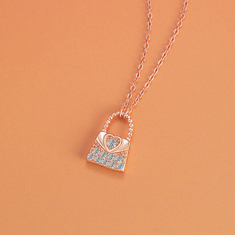 Love Bag Sterling Silver 925 Necklace Female Niche Design Light Luxury Zircon Clavicle Chain Ins Heart Lock Pendant