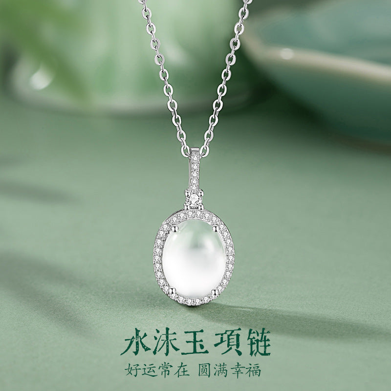 Natural Water Foam Jade Sterling Silver 925 Necklace Women's Light Luxury High-Grade Oval Zircon Clavicle Chain Mother's Day Pendant
