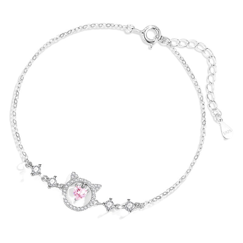 Sweet Cat Sterling Silver 925 Bracelet Female Niche Design Light Luxury Pink Diamond Star Bracelet Ins Style Lovely Bracelet