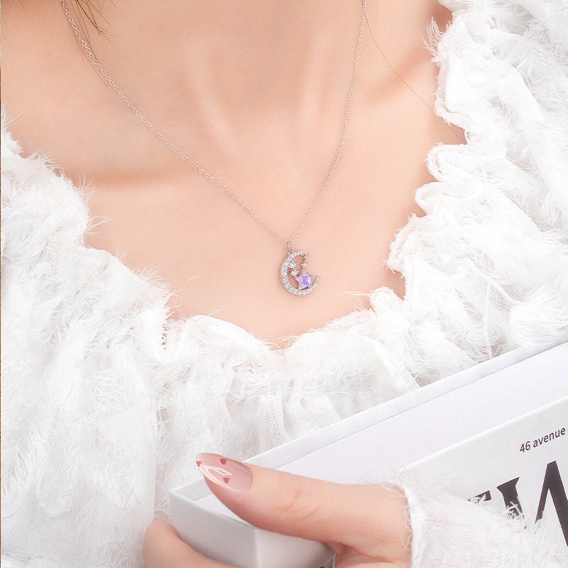 New Exquisite S925 Sterling Silver Necklace Women's Colorful Five-Pointed Star Clavicle Chain Light Luxury Fantasy Star Moon Girl Heart Gift