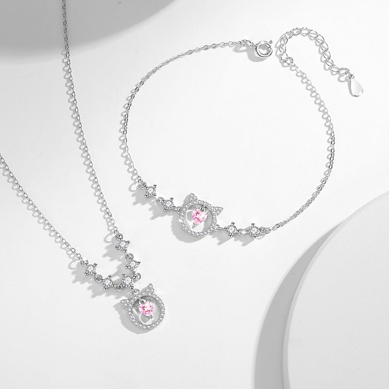 Sweet Cat Sterling Silver 925 Bracelet Female Niche Design Light Luxury Pink Diamond Star Bracelet Ins Style Lovely Bracelet
