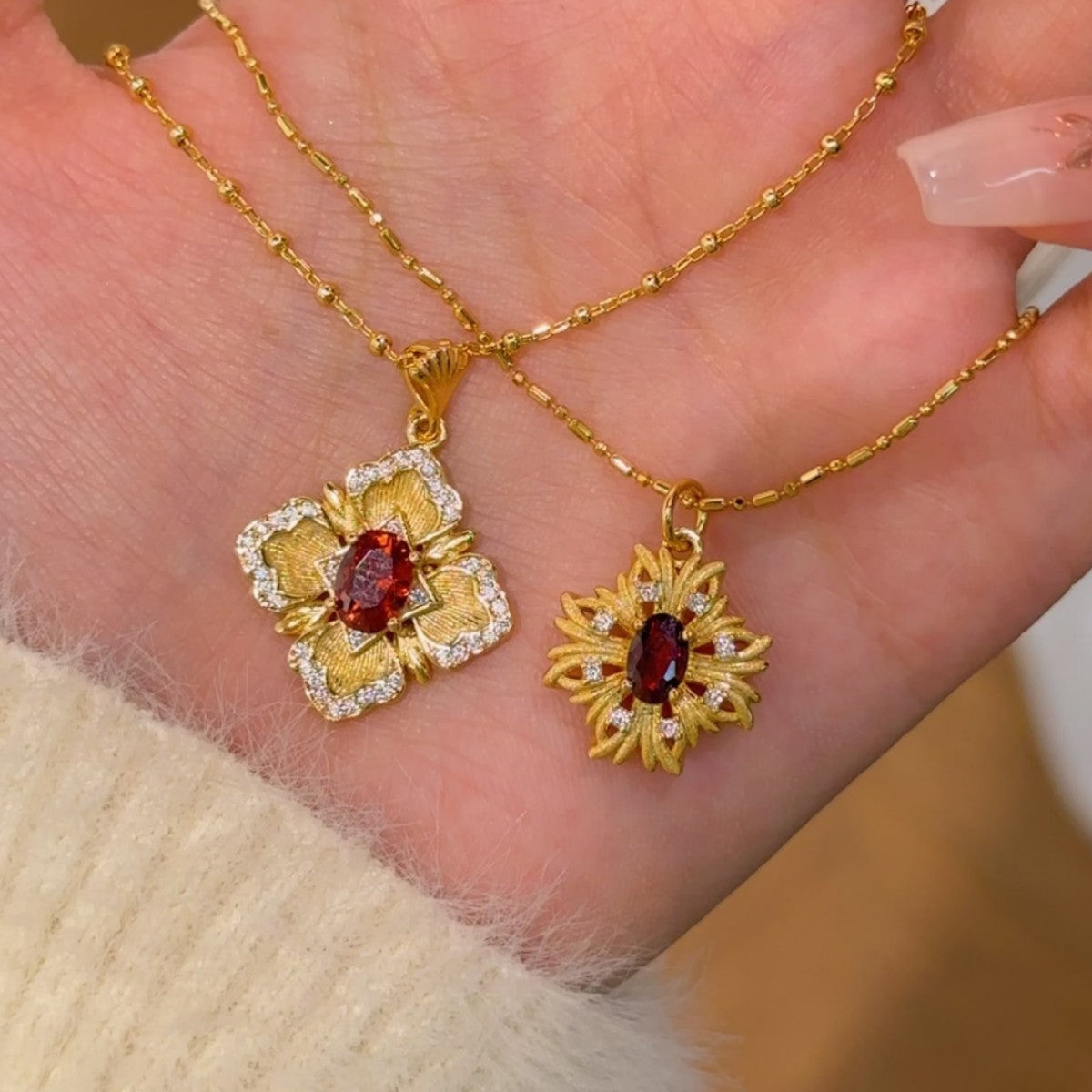 Vintage Buqi Style Rose Window Red Zircon Sterling Silver 925 Necklace Light Luxury High-Grade Clavicle Chain Square Pendant