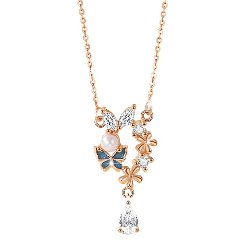 Butterfly Sterling Silver 925 Necklace Female Niche Design Light Luxury Zircon Tassel Clavicle Chain Ins Style Flower Pendant