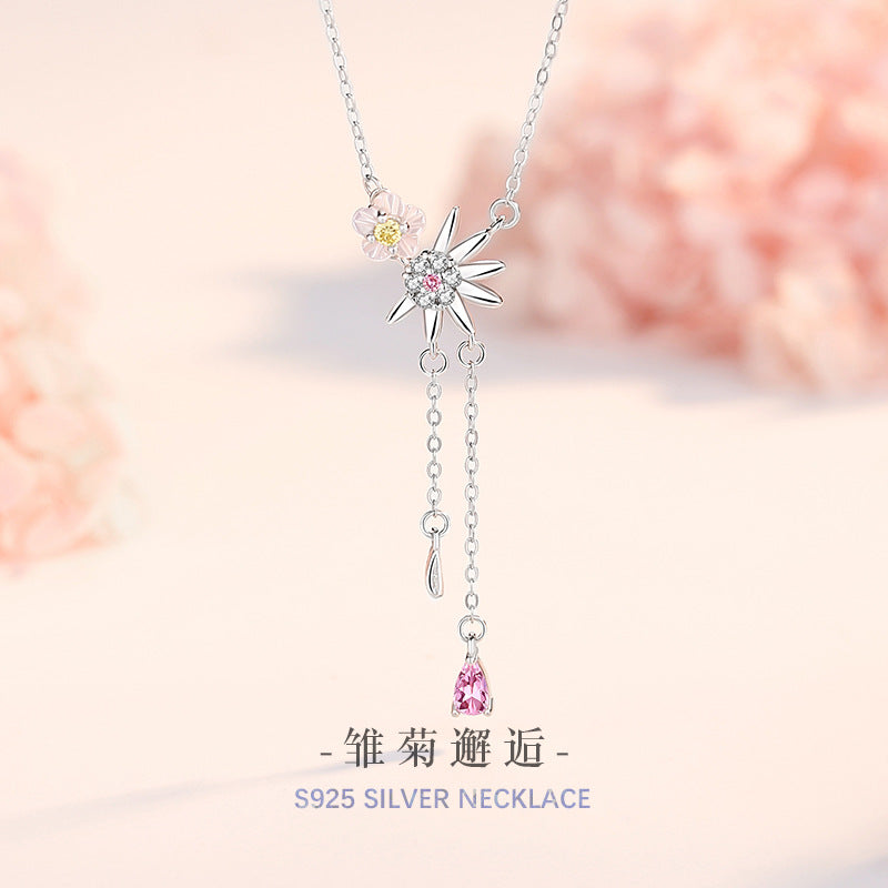 Daisy Sterling Silver 925 Necklace Female Niche Light Luxury Sweet Style Tassel Clavicle Chain Ins Flower White Fritillary Pendant