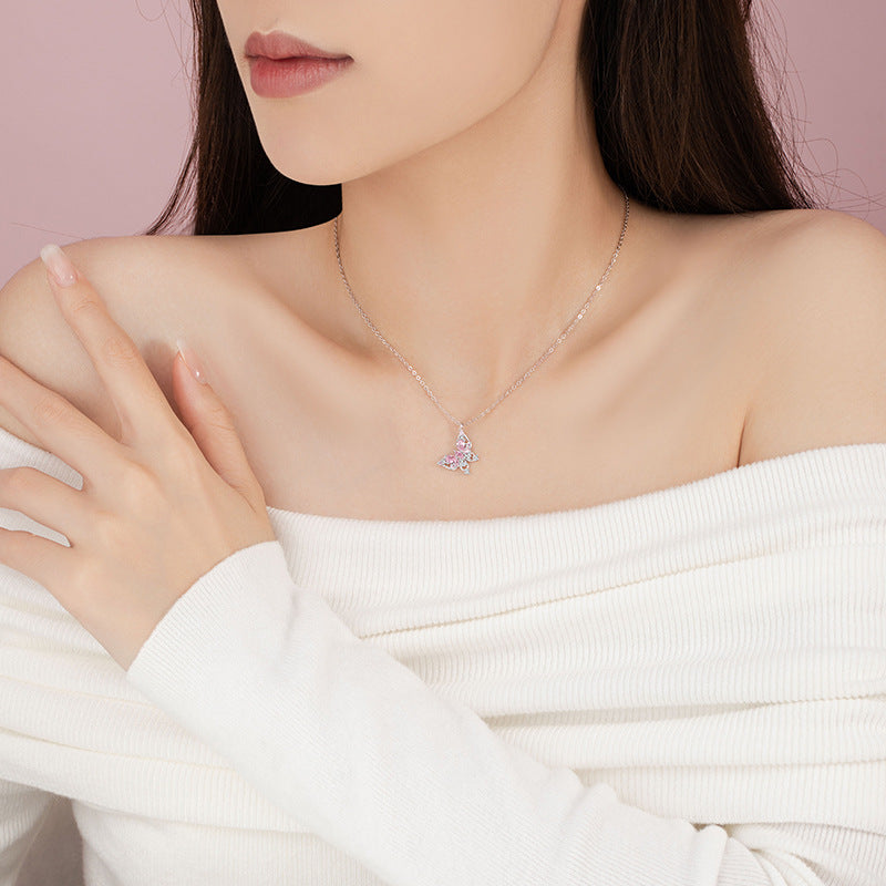Fantasy Butterfly Sterling Silver 925 Necklace Female Niche Light Luxury Sweet Style Pink Zircon Clavicle Chain Ins Love Pendant