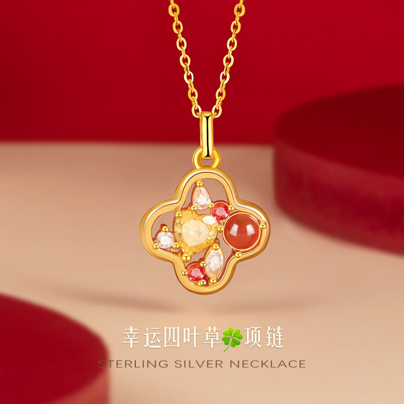 Original S925 Sterling Silver Clover Necklace Female Inlaid Red Agate Magic Color High Sense New Chinese Good Luck Clavicle Chain