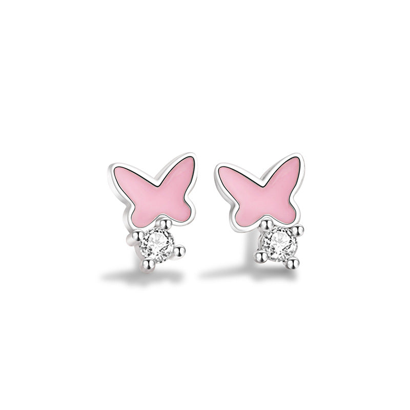 Butterfly Pure Silver 999 Luminous Girl Stud Earrings Female Sweet Cute Wind Epoxy Star Zircon Earrings Ins Earrings