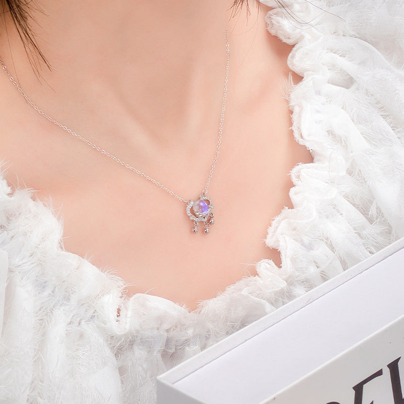 S925 Sterling Silver Moonstone Safety Lock Necklace Women's National Style Niche Design Clavicle Chain Light Luxury All-Match Silver Jewelry Wholesale