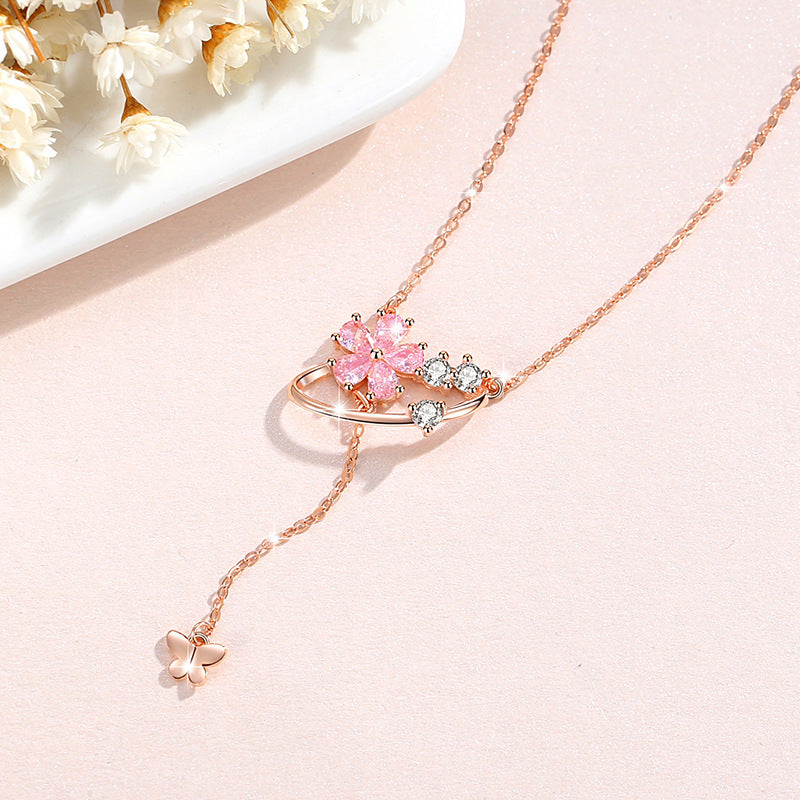 Cherry Blossom Sterling Silver 925 Necklace Female Niche Design Light Luxury Pink Diamond Clavicle Chain 520 Valentine's Day Tassel Pendant