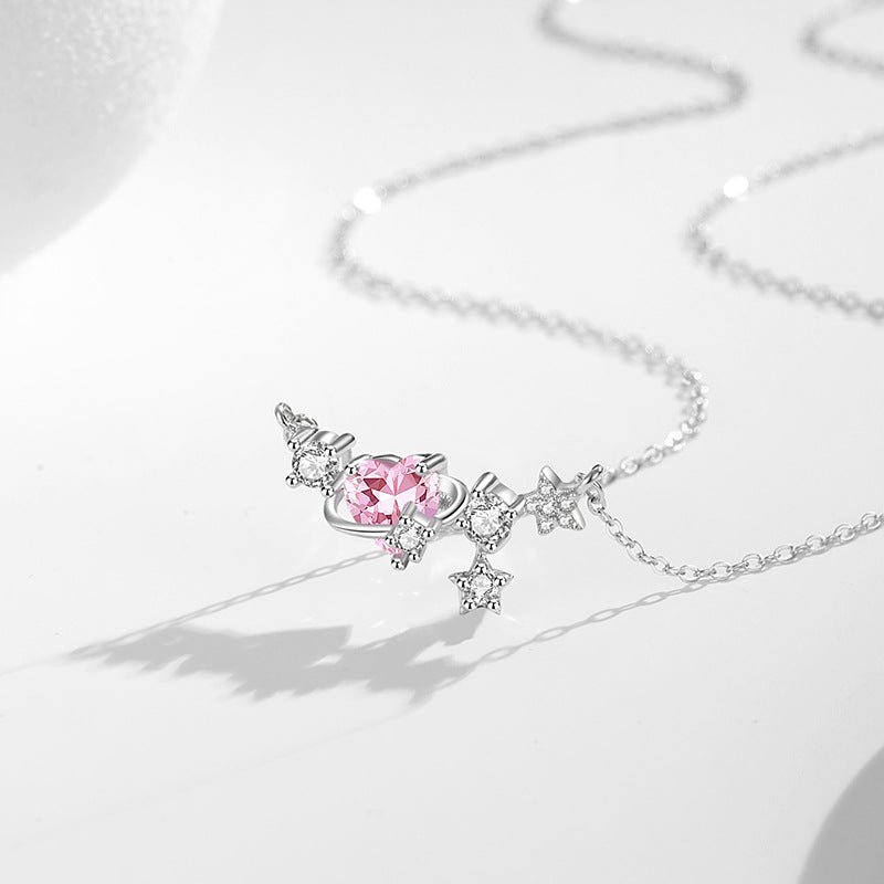 Planet Sterling Silver 925 Necklace Female Cute Light Luxury Sweet Style Pink Zircon Star Clavicle Chain Ins Love Pendant