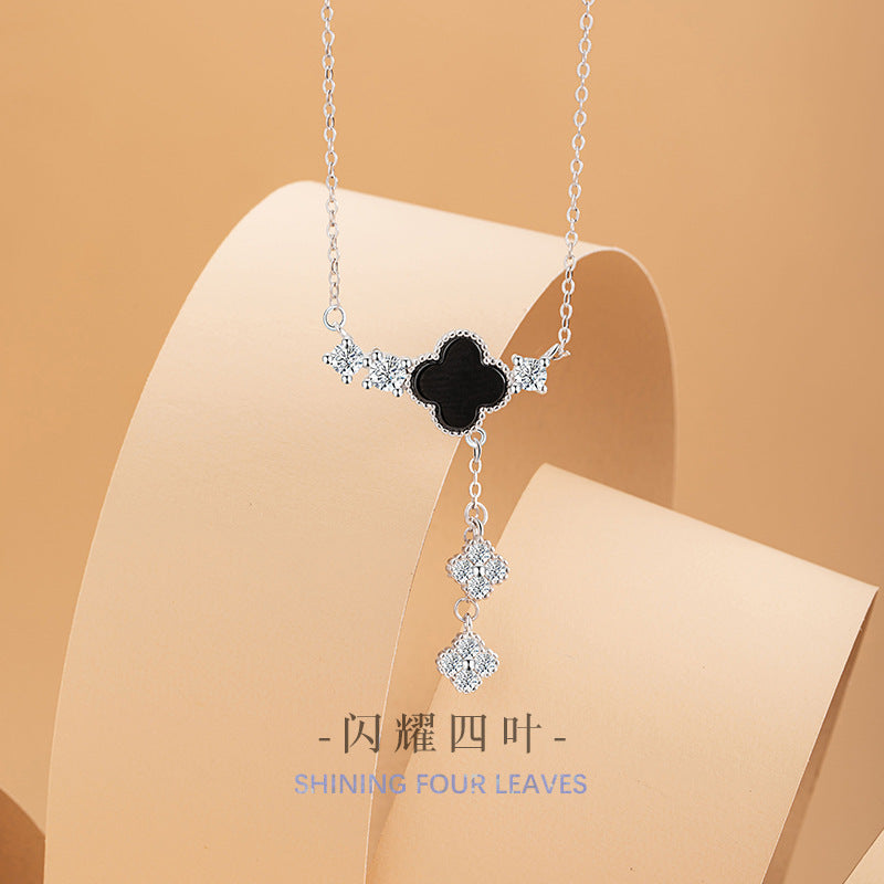 Lucky Clover Sterling Silver 925 Necklace Women's Fashion Versatile Black Agate Tassel Clavicle Chain Ins Flower Pendant