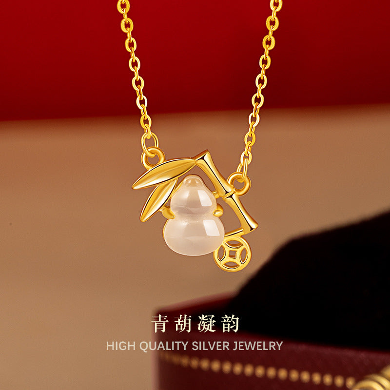 Light Luxury Niche Design Sense S925 Sterling Silver Gourd Pendant White Chalcedony Fu Lu Festival High Clavicle Chain Workplace Commuter