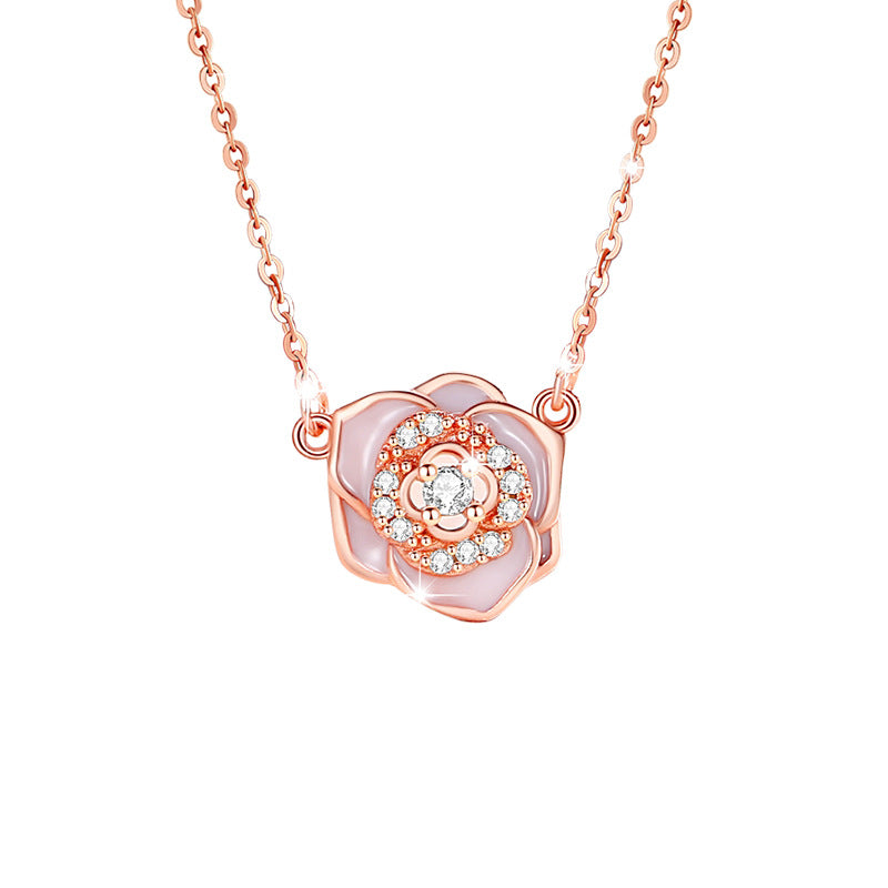 Camellia Sterling Silver 925 Necklace for Women, Niche Design, Light Luxury Clavicle Chain, INS Style Flower Zircon Pendant