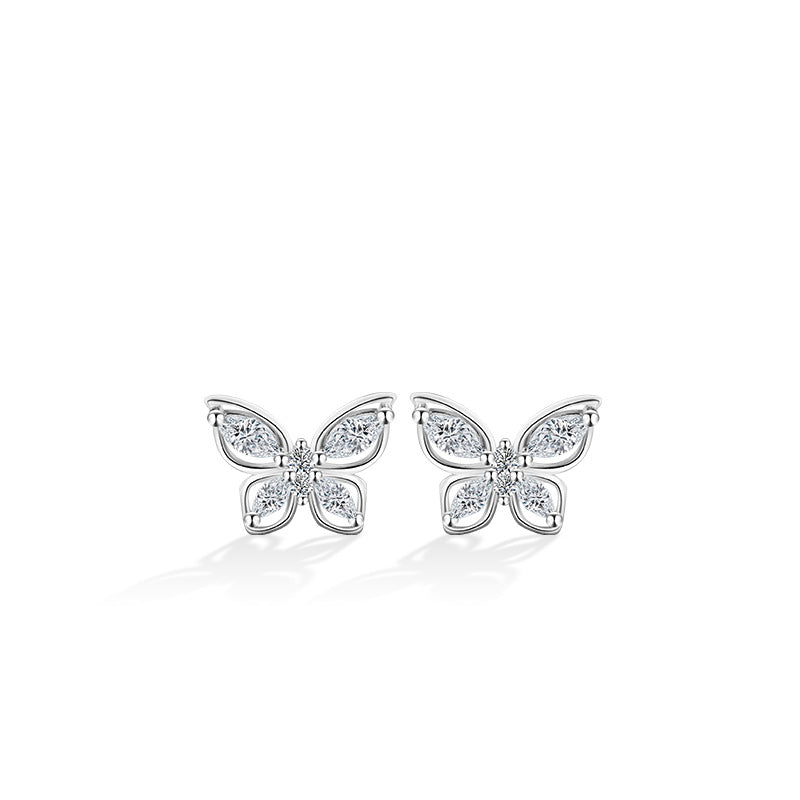 Butterfly Pure Silver 999 Stud Earrings Female Niche Design Light Luxury Hollow Zircon Earrings Ins Style High-Grade Earrings