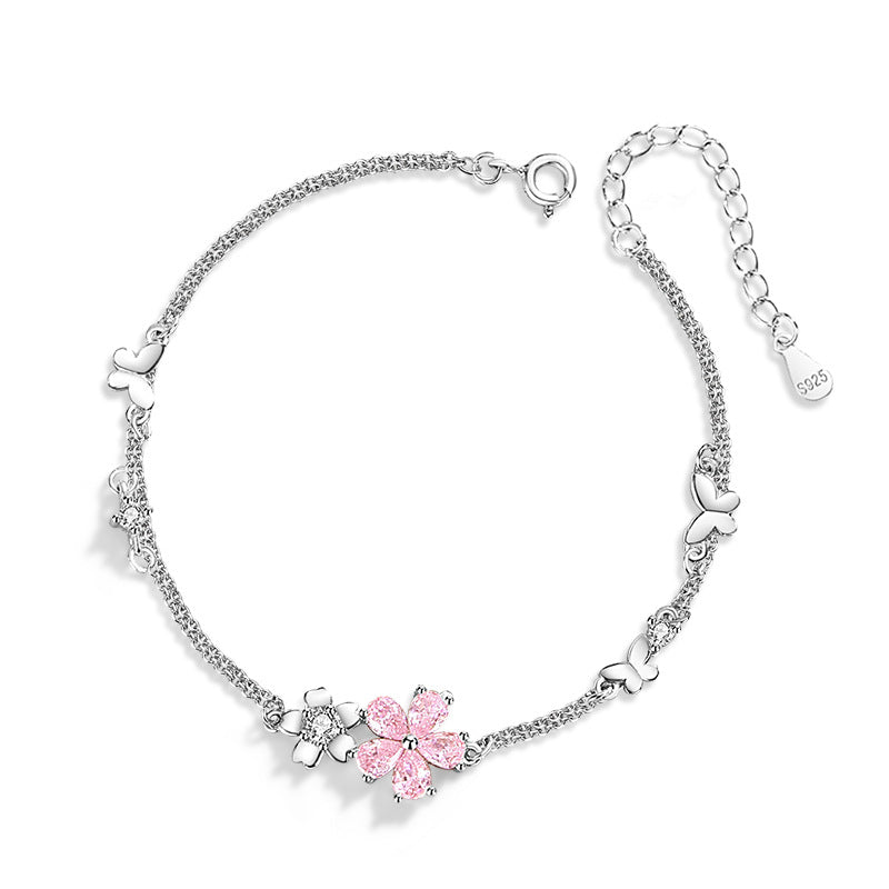 Cherry Blossom Sterling Silver 925 Bracelet Women's Fashion Versatile Pink Zircon Bracelet 520 Valentine's Day Ins Flower Bracelet