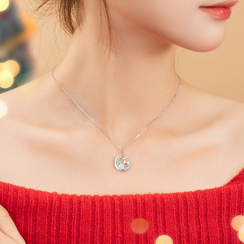 Elk Sterling Silver 925 Necklace Women's Fashion All-Match Star Clavicle Chain Christmas Deer Has Your Moon Pendant