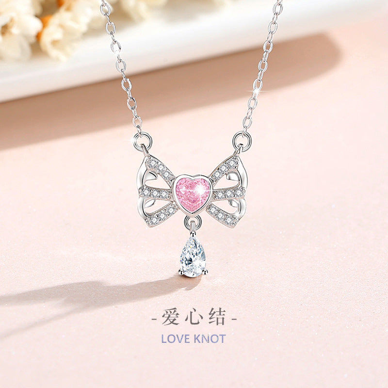 Bowknot Sterling Silver 925 Necklace Female Niche Design Light Luxury Pink Diamond Clavicle Chain Get Things Ins Style Love Pendant