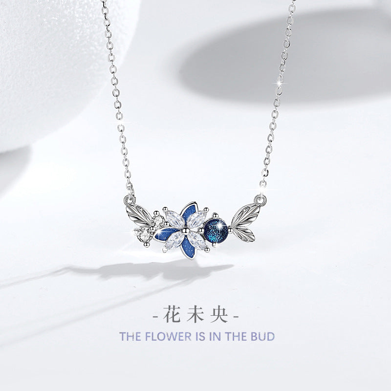Butterfly Sterling Silver 925 Necklace Female Niche Design Light Luxury Glass Stone Clavicle Chain Get Things Ins Style Flower Pendant
