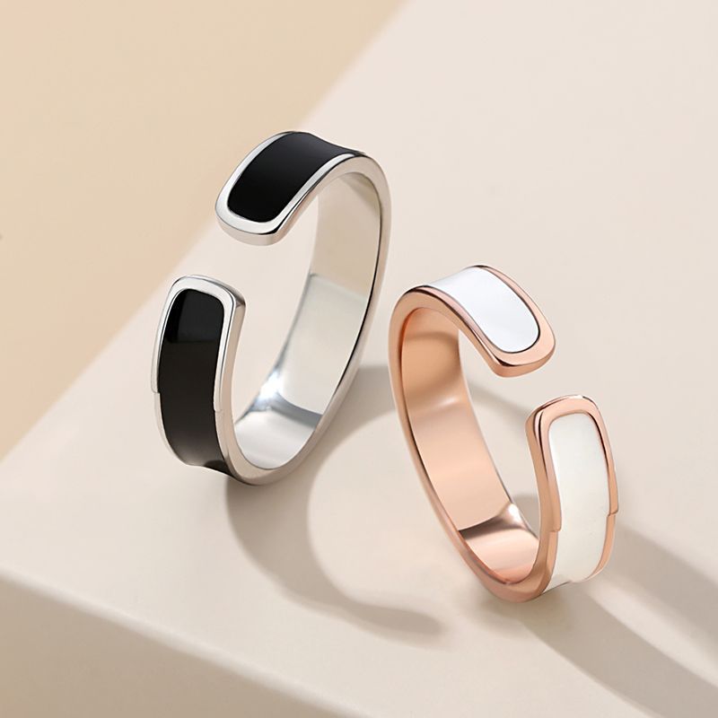 Black and White Sterling Silver 925 Couple Ring Light Luxury Long-Distance Love Flat Ring Valentine's Day Open Adjustable Plain Ring