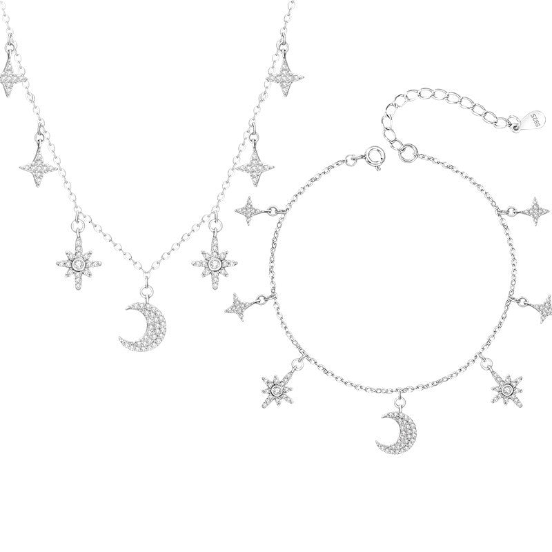Star Moon Sterling Silver 925 Necklace Female Niche Design Light Luxury Eight Awn Star Clavicle Chain Ins Style Sun Pendant
